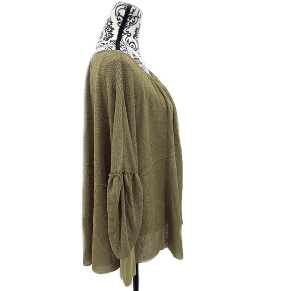 Free People Olive Green Quarter Button-Up Peasant Sleeve Women's Top - Picture 12 of 16